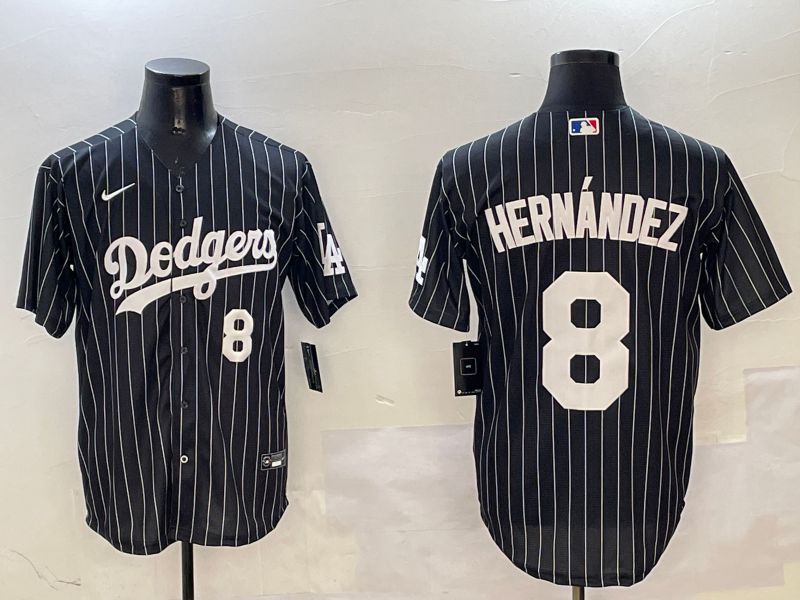 Men Los Angeles Dodgers 8 Hernandez Black Stripe Jointly Name 2025 Nike MLB Jersey style 8